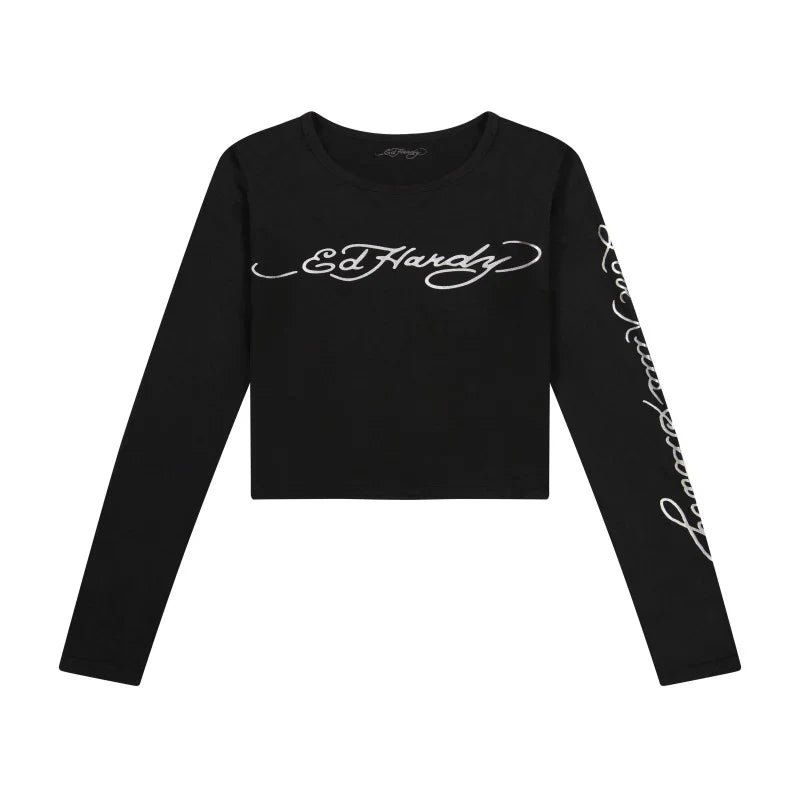 ED HARDY PANTHER SNAKE LONG SLEEVE CROP SHIRT BLACK
