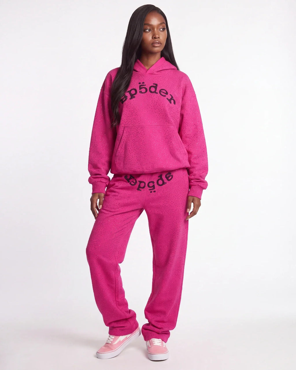 Sp5der Webstone AOP Rhinestone Hoodie Pink