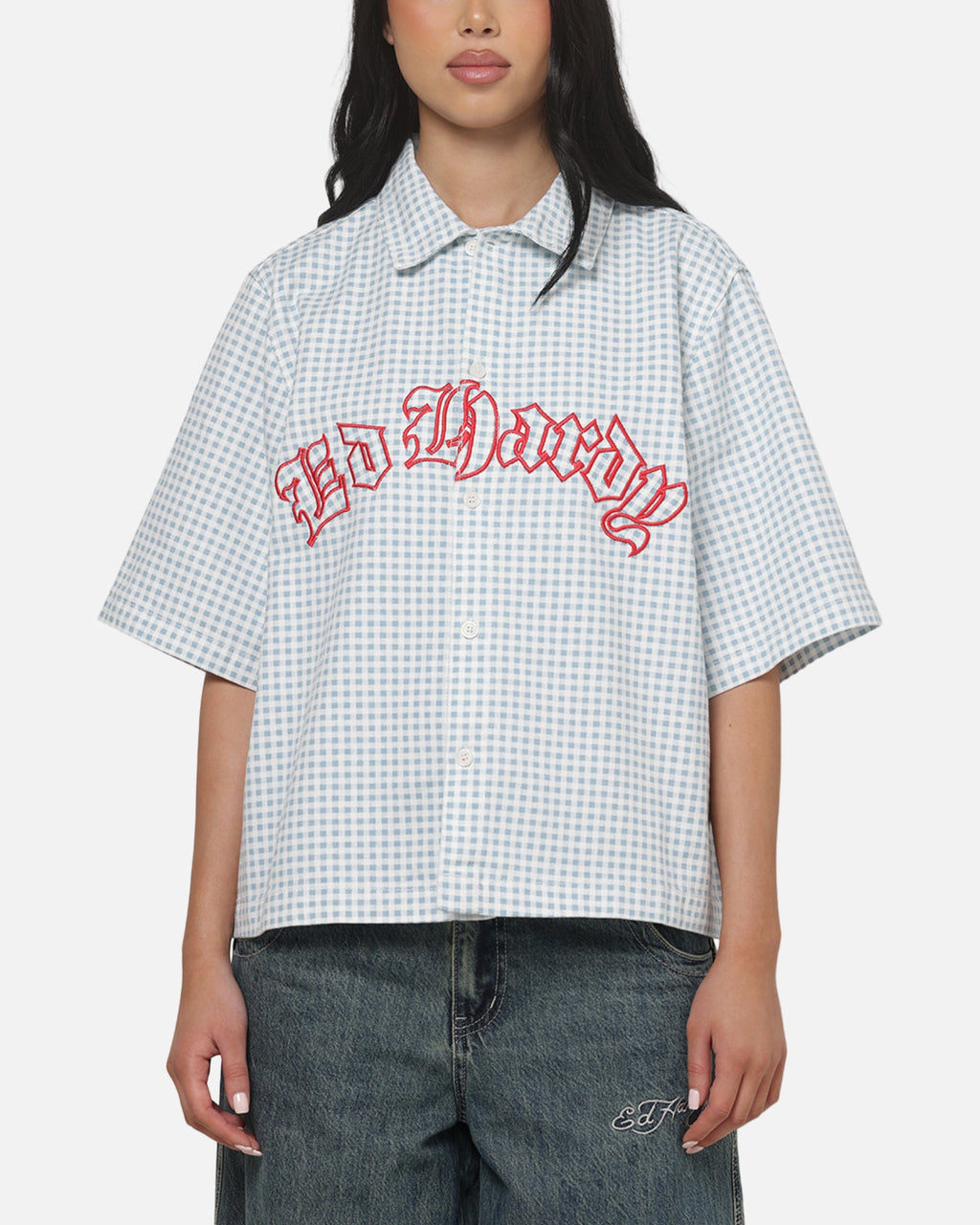 Ed Hardy Eagle Button Up Shirt Blue Pinstripe