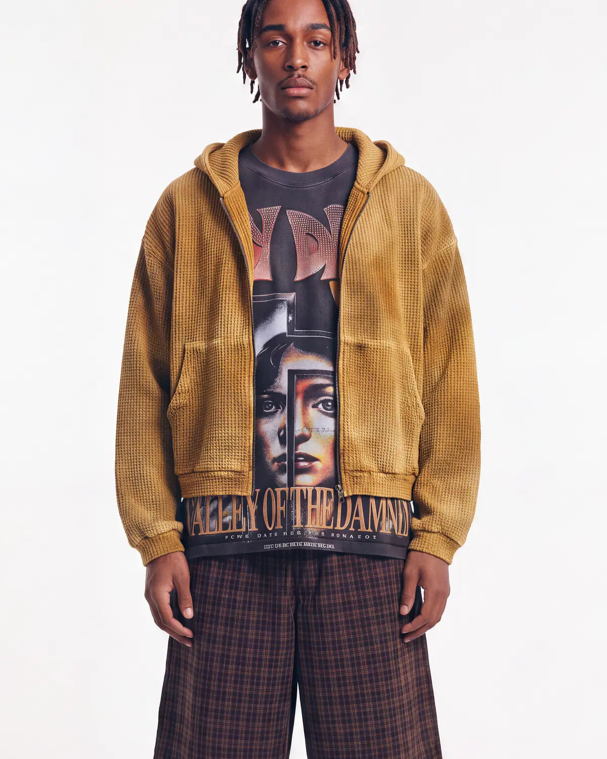 GV Gallery Waffle Thermal Zip Up Hoodie Tan