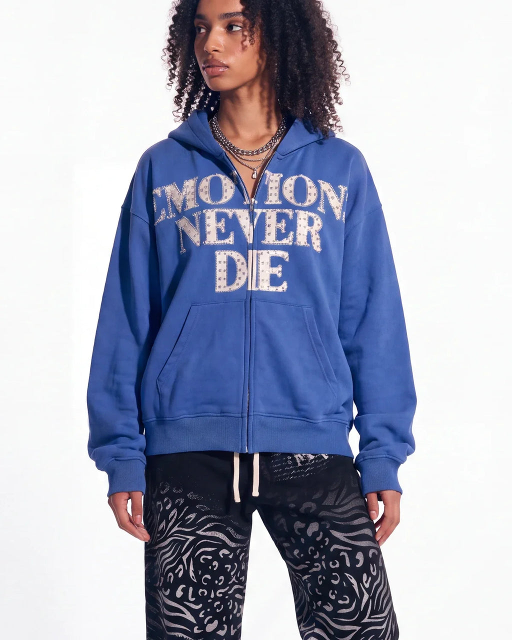 Mixed Emotions "End" Rhinestone Hoodie Blue