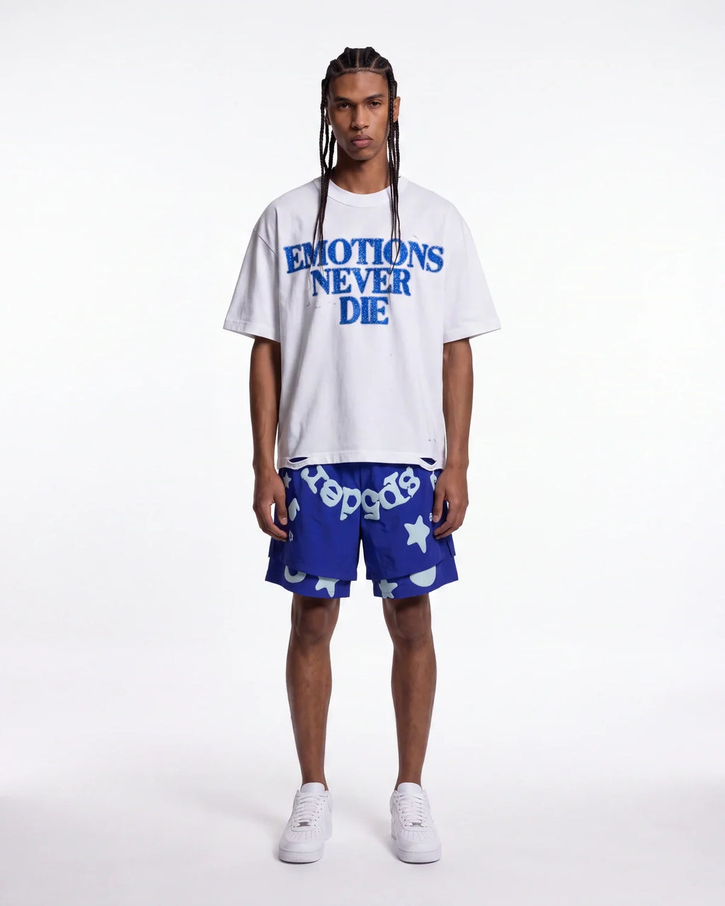 Mixed Emotions End Rhinestone Tee White/Blue