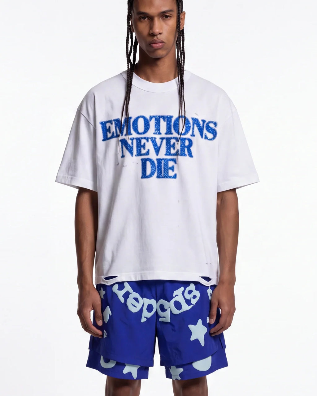 Mixed Emotions End Rhinestone Tee White/Blue