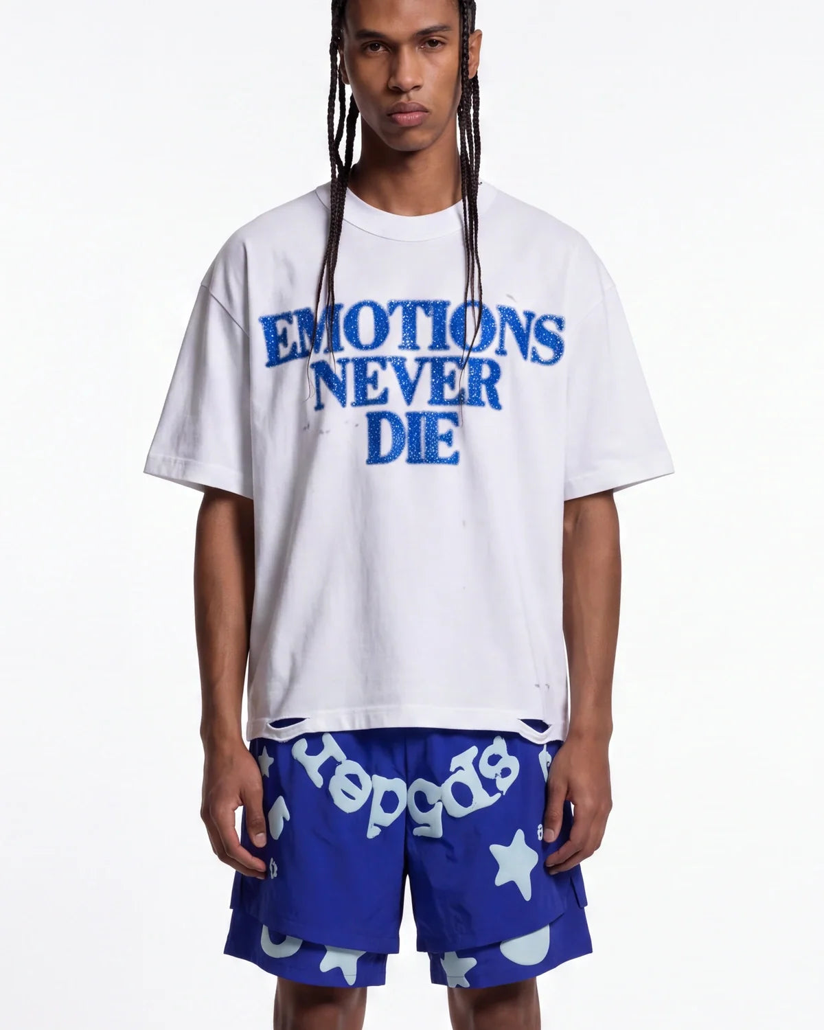 Mixed Emotions End Rhinestone Tee White/Blue
