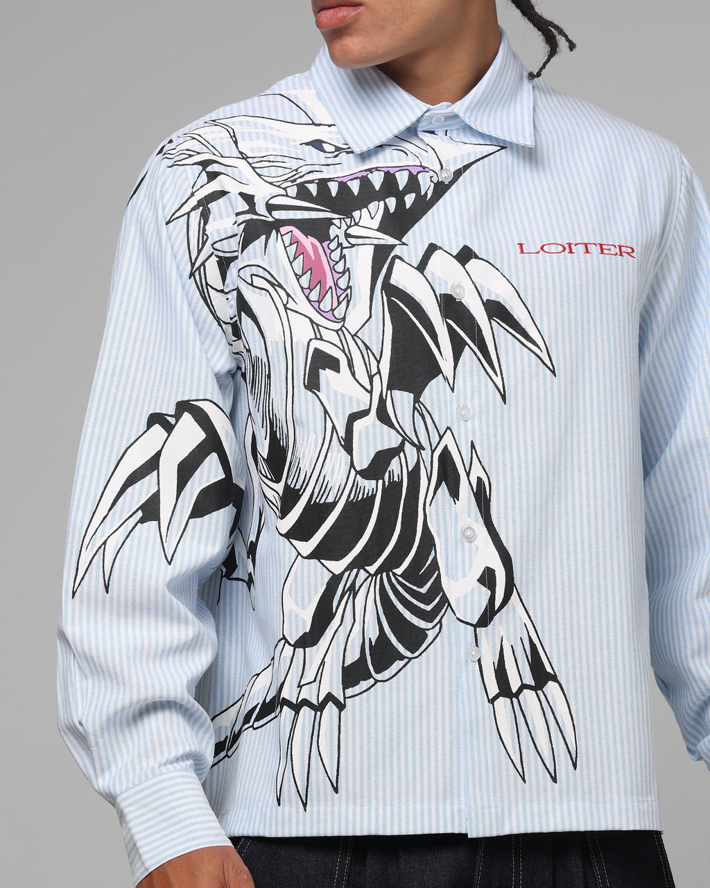 Loiter x Yu-Gi-Oh! Blue Eyes Button Up Shirt Blue Stripe