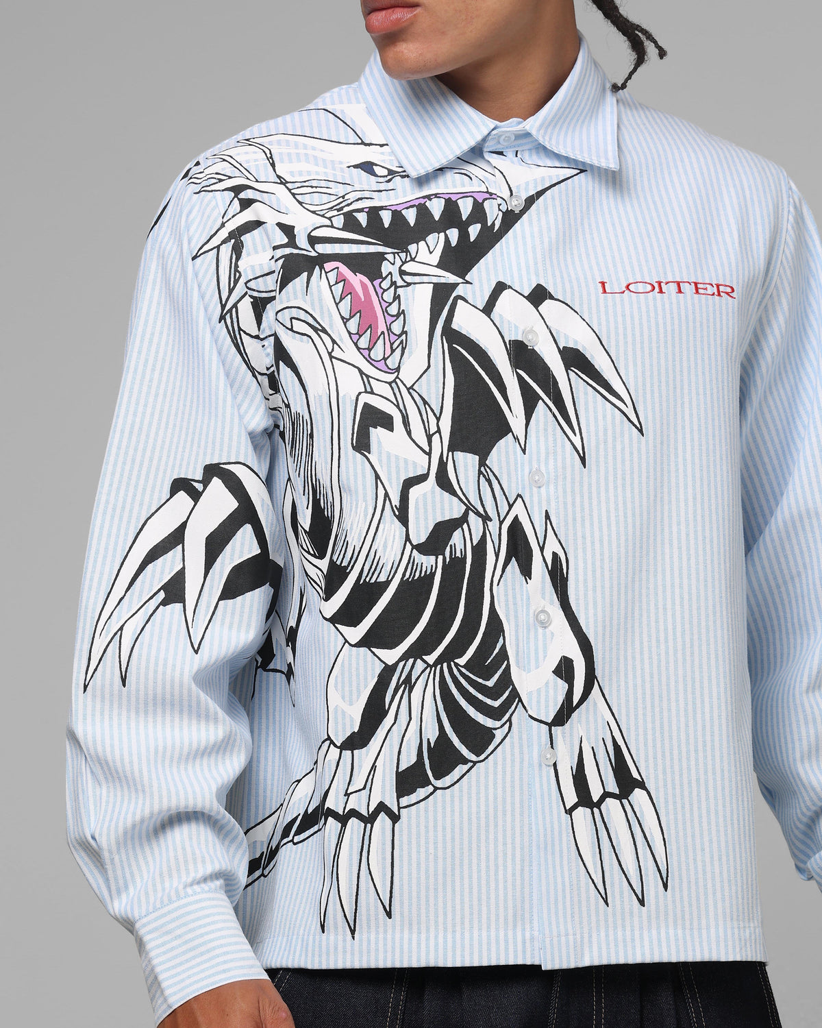Loiter x Yu-Gi-Oh! Blue Eyes Button Up Shirt Blue Stripe