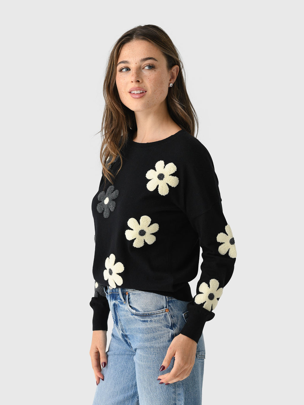 Eche Women's Two Tone Flower Crew Sweater