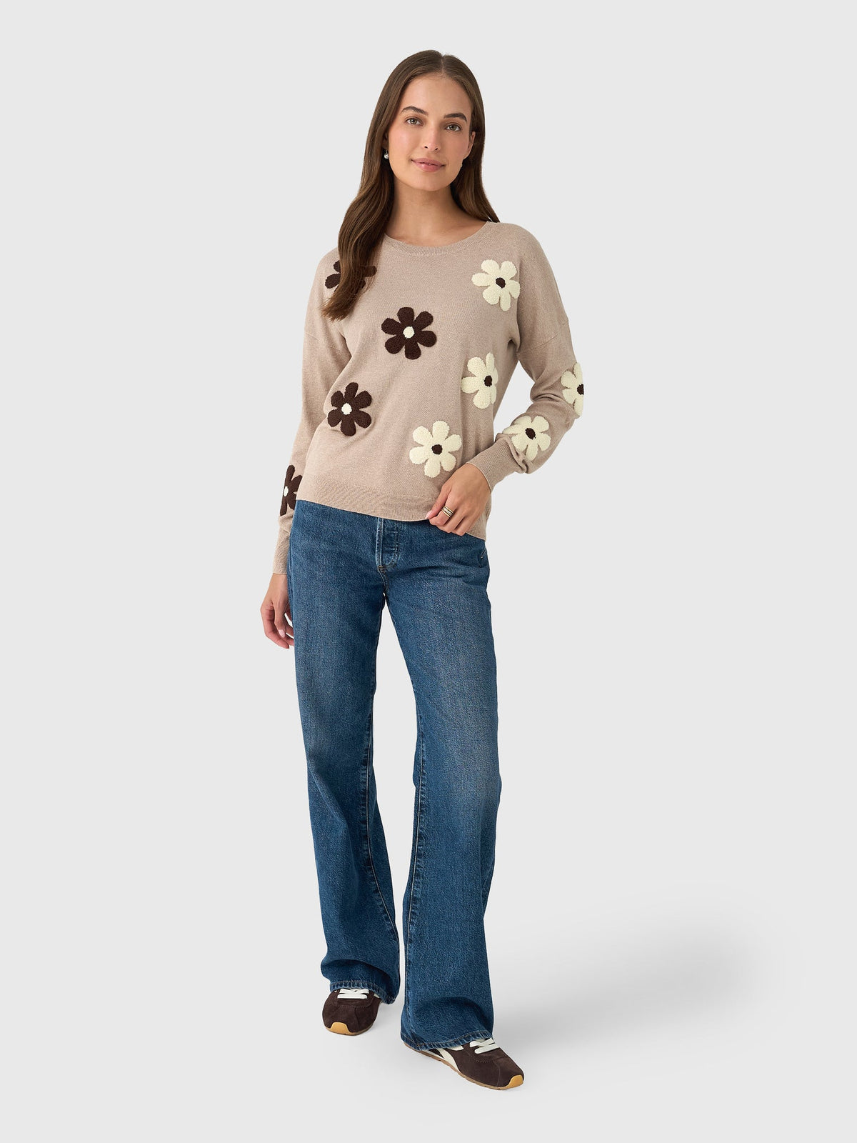 Eche Women's Two Tone Flower Crew Sweater