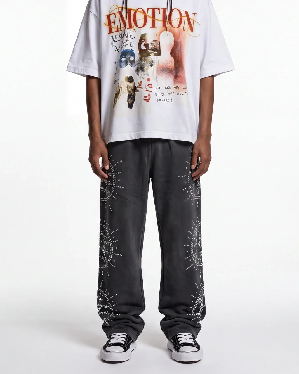 Mixed Emotions Eclipse Rhinestone Sweatpants Acid Wash Grey