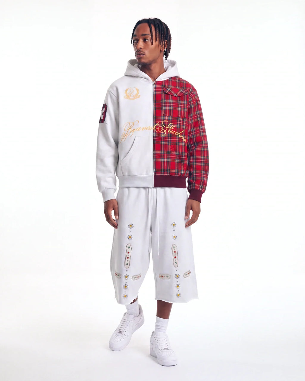 Bravest Studios Half Plaid Zip Up Hoodie Grey