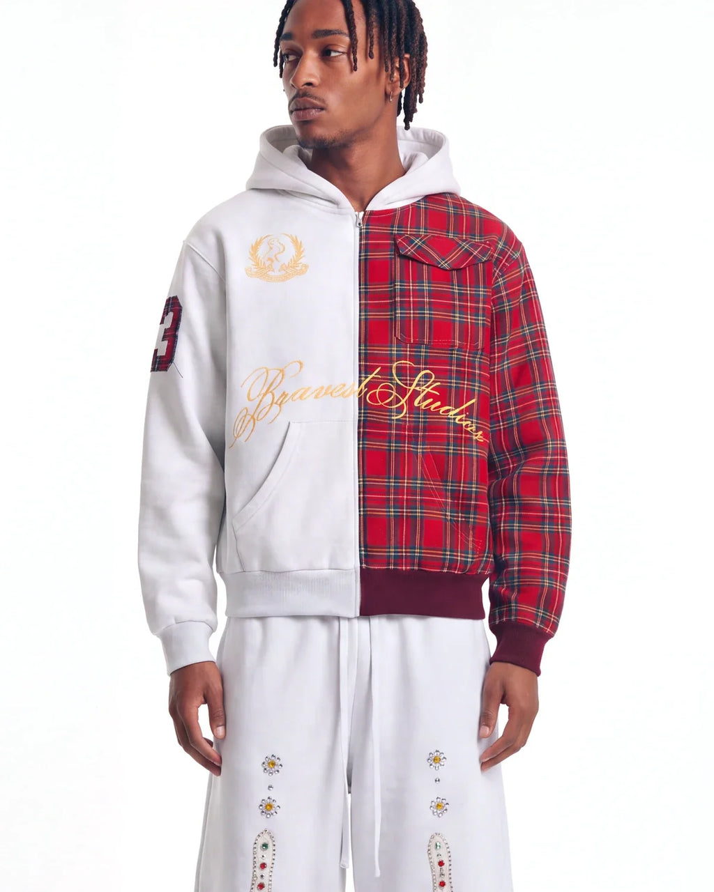 Bravest Studios Half Plaid Zip Up Hoodie Grey