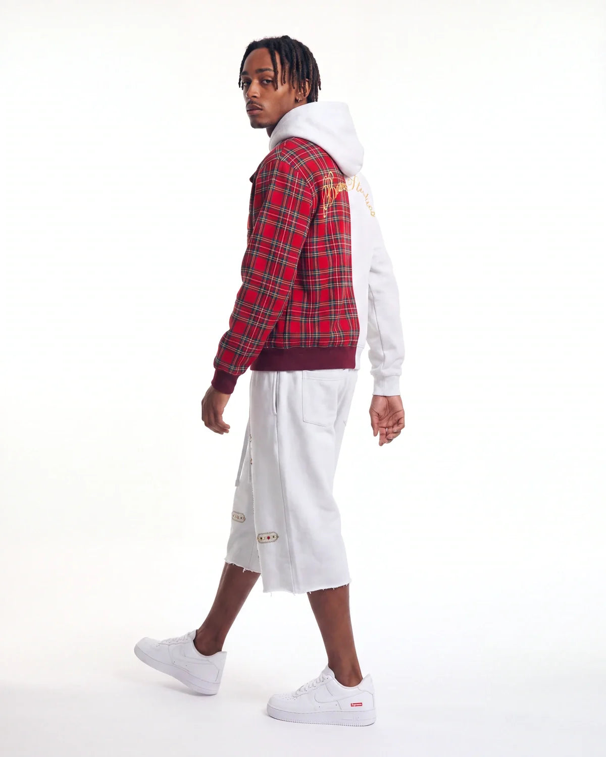 Bravest Studios Half Plaid Zip Up Hoodie Grey