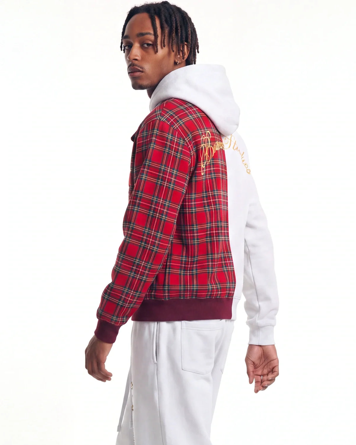 Bravest Studios Half Plaid Zip Up Hoodie Grey