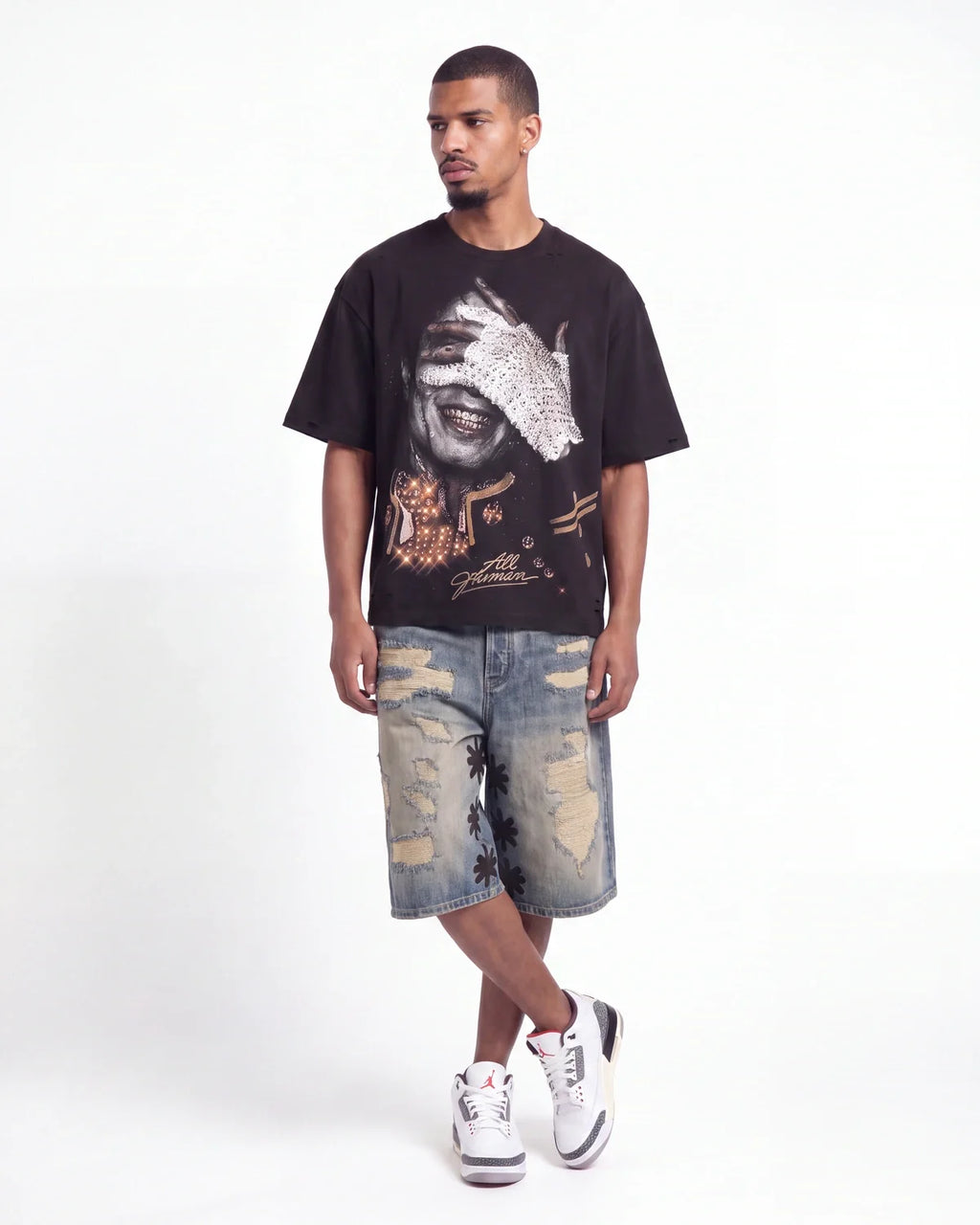 Lost Shdws Distressed Denim Shorts Blue/Black