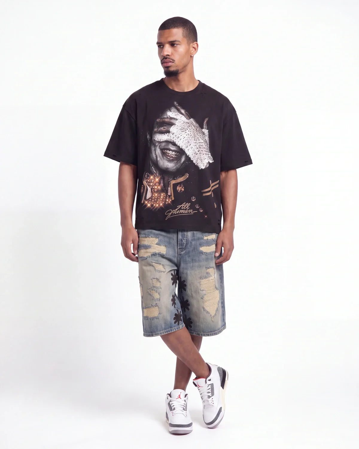 Lost Shdws Distressed Denim Shorts Blue/Black