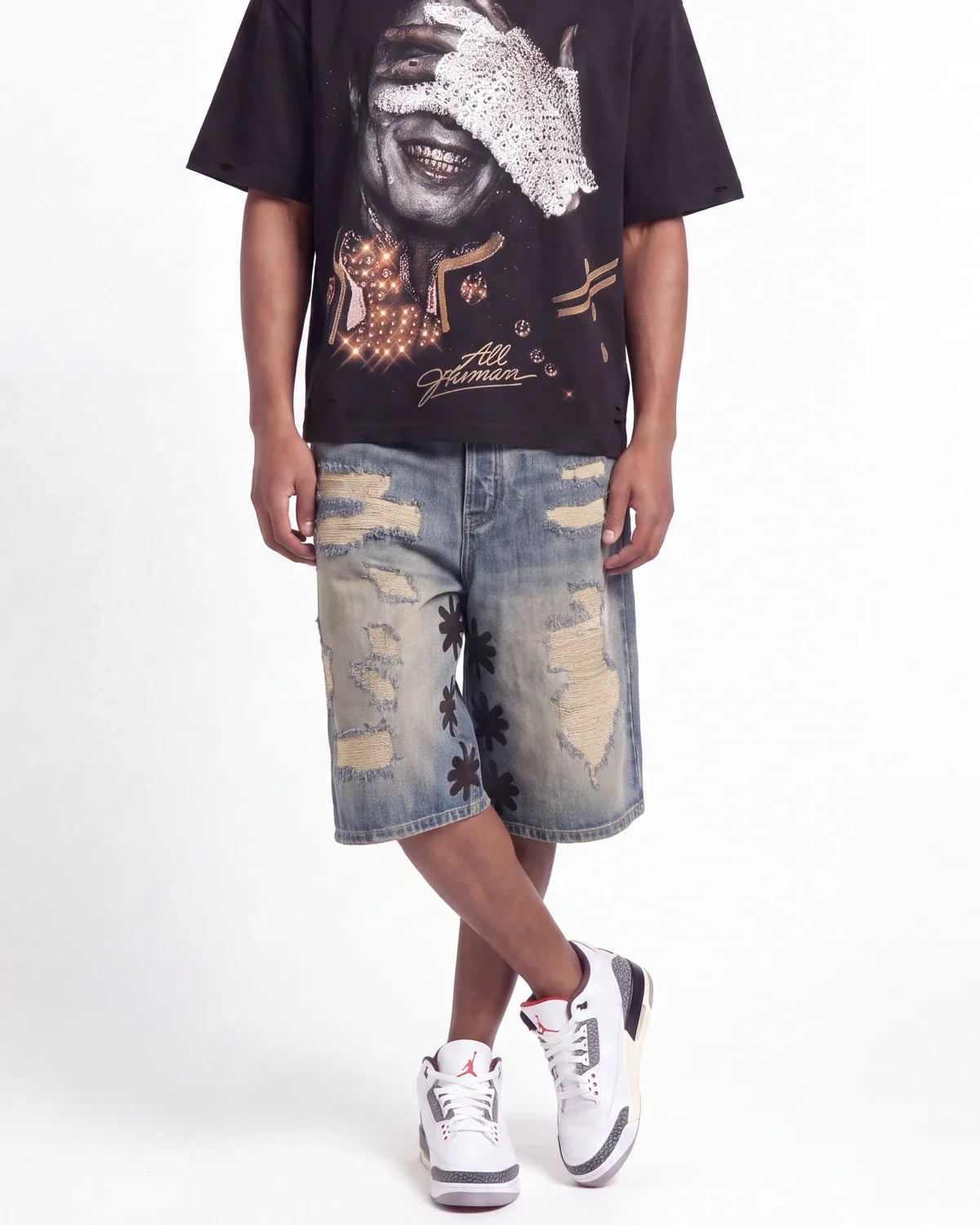 Lost Shdws Distressed Denim Shorts Blue/Black