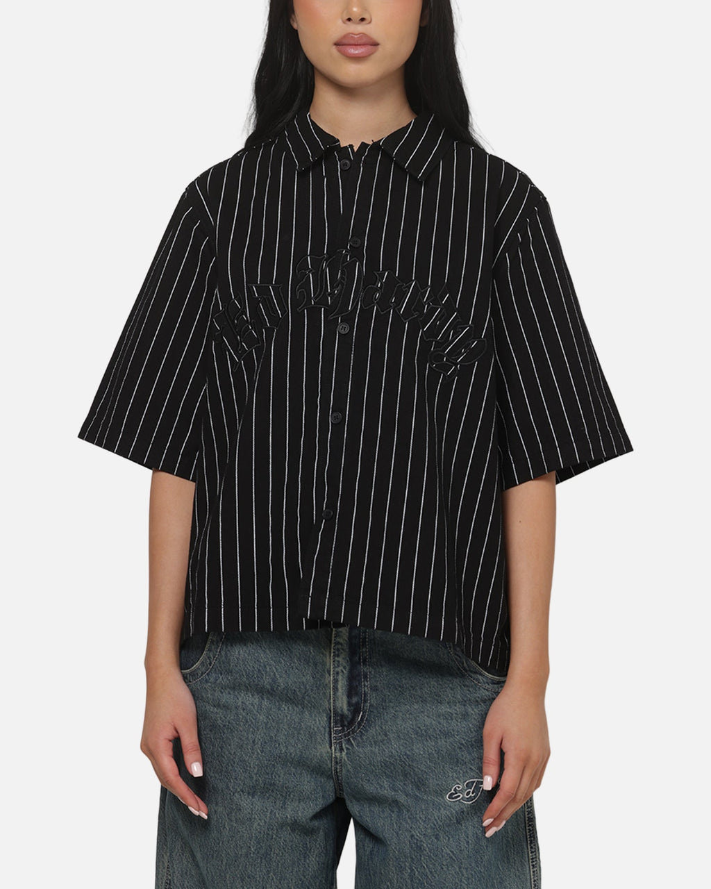 Ed Hardy Eagle Button Up Shirt Black Pinstripe