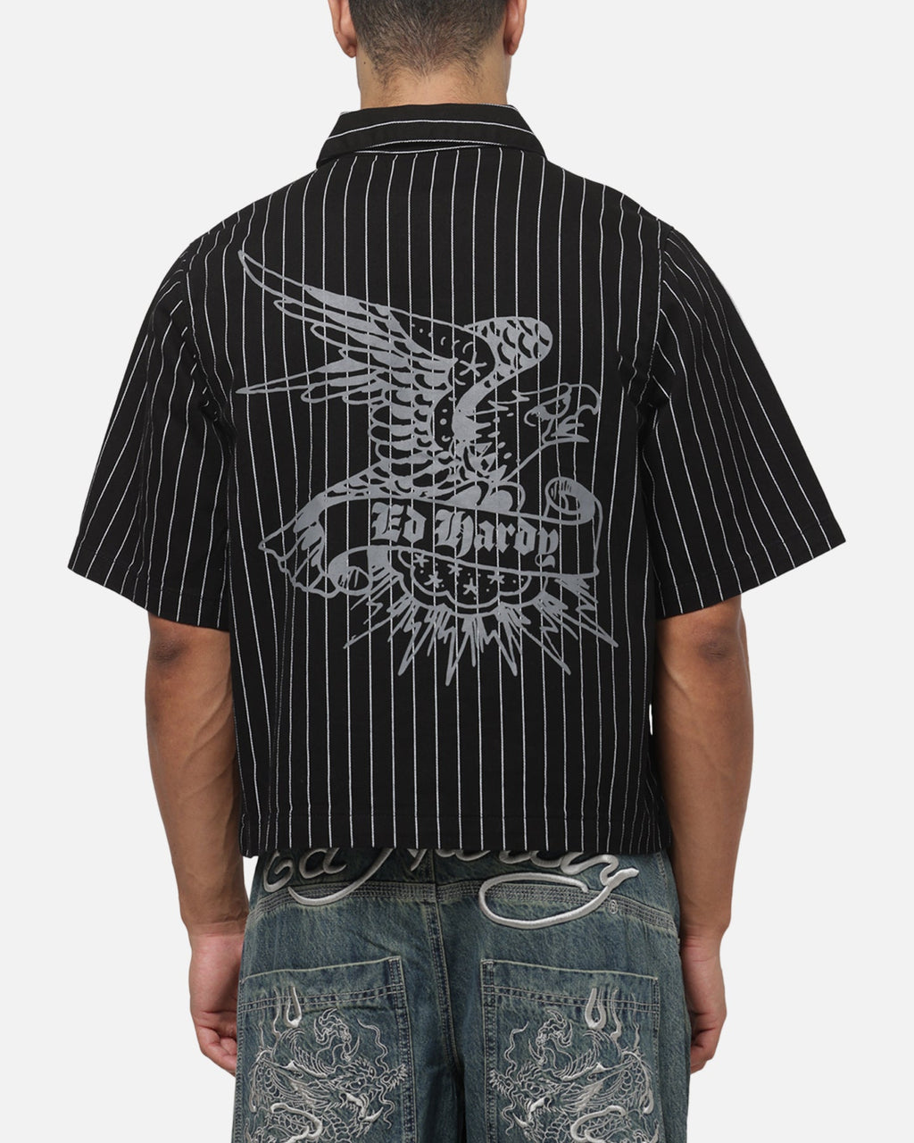 Ed Hardy Eagle Button Up Shirt Black Pinstripe