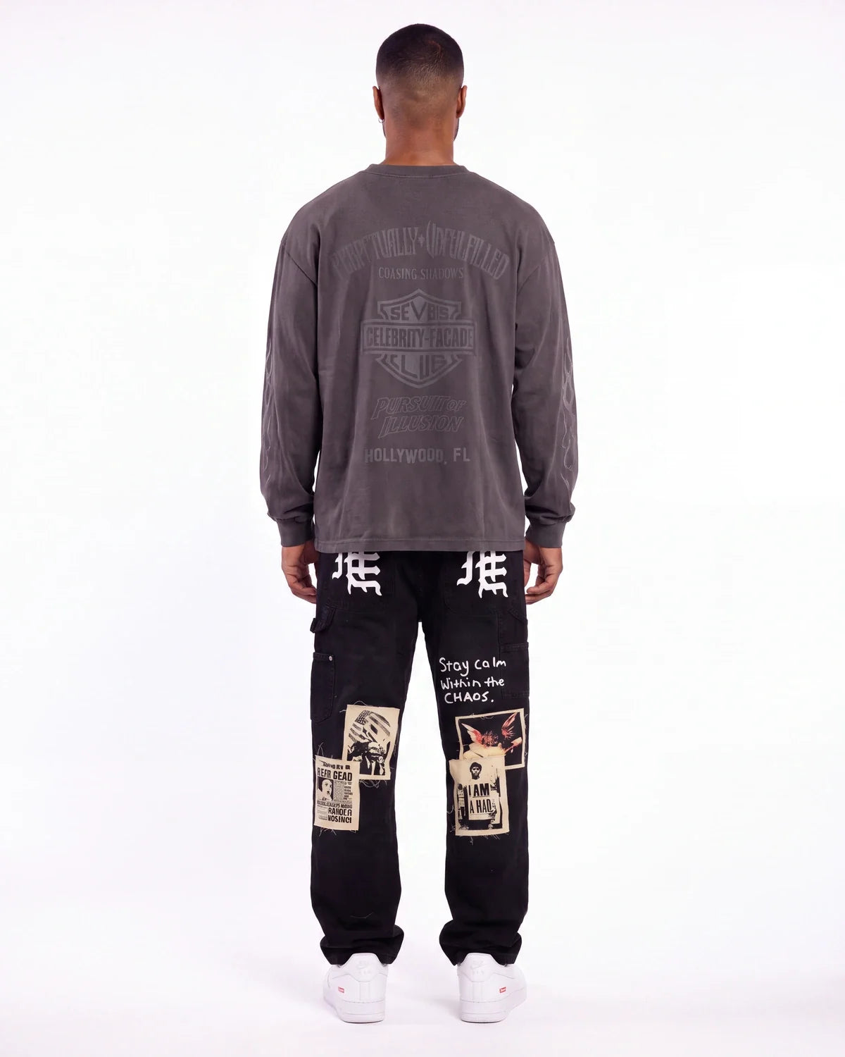 Mixed Emotions Newspaper Carpenter Pants Black
