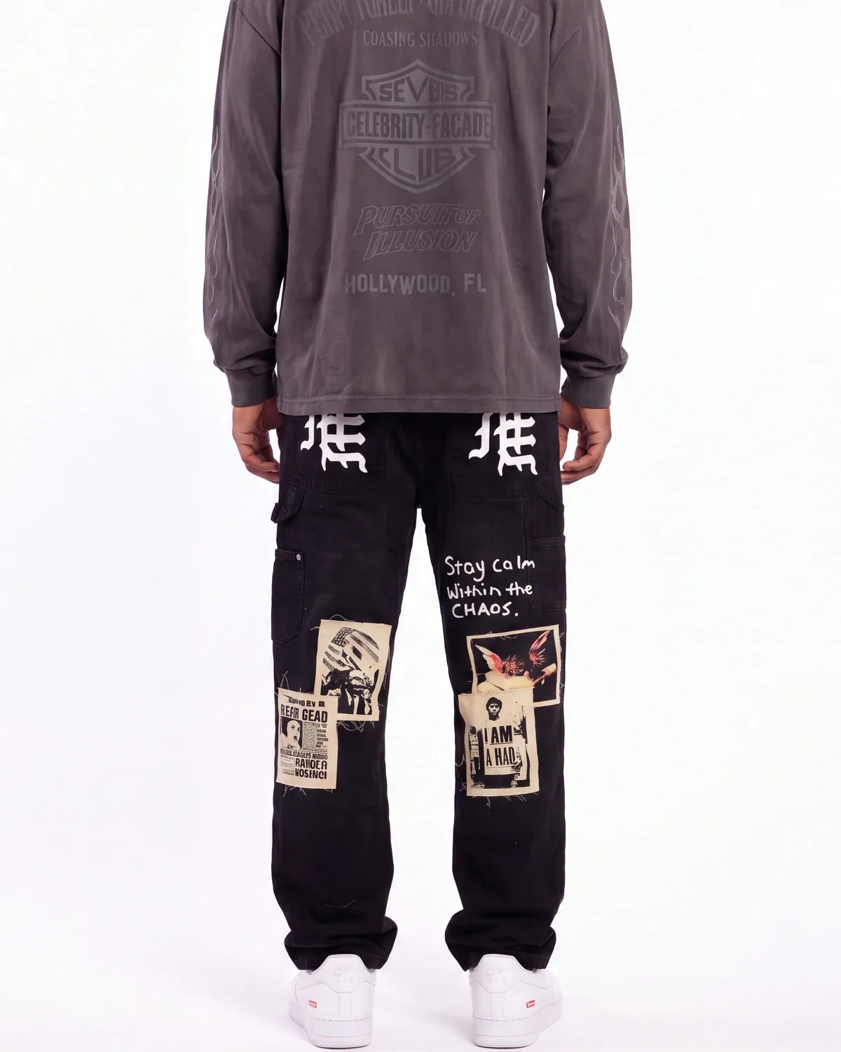 Mixed Emotions Newspaper Carpenter Pants Black