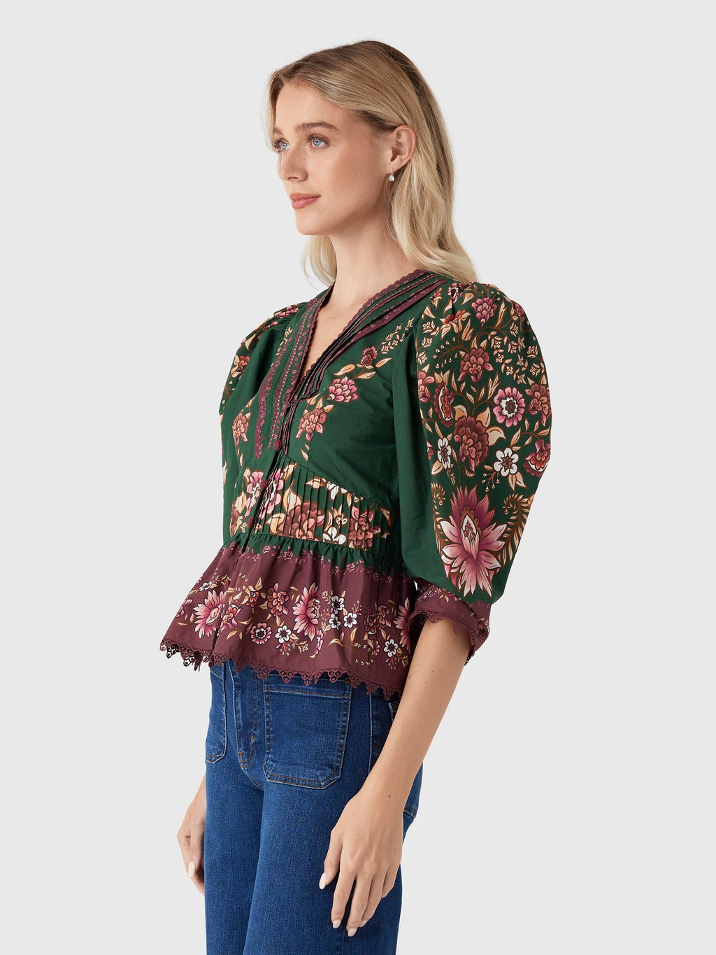 Farm Rio Women's Daniela Lace Puff Sleeve Blouse