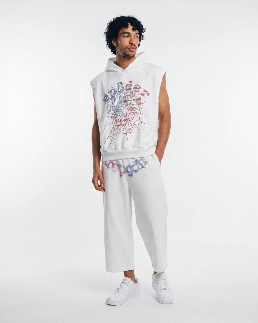 Sp5der Rhinestone OG Web Sleeveless Hoodie White