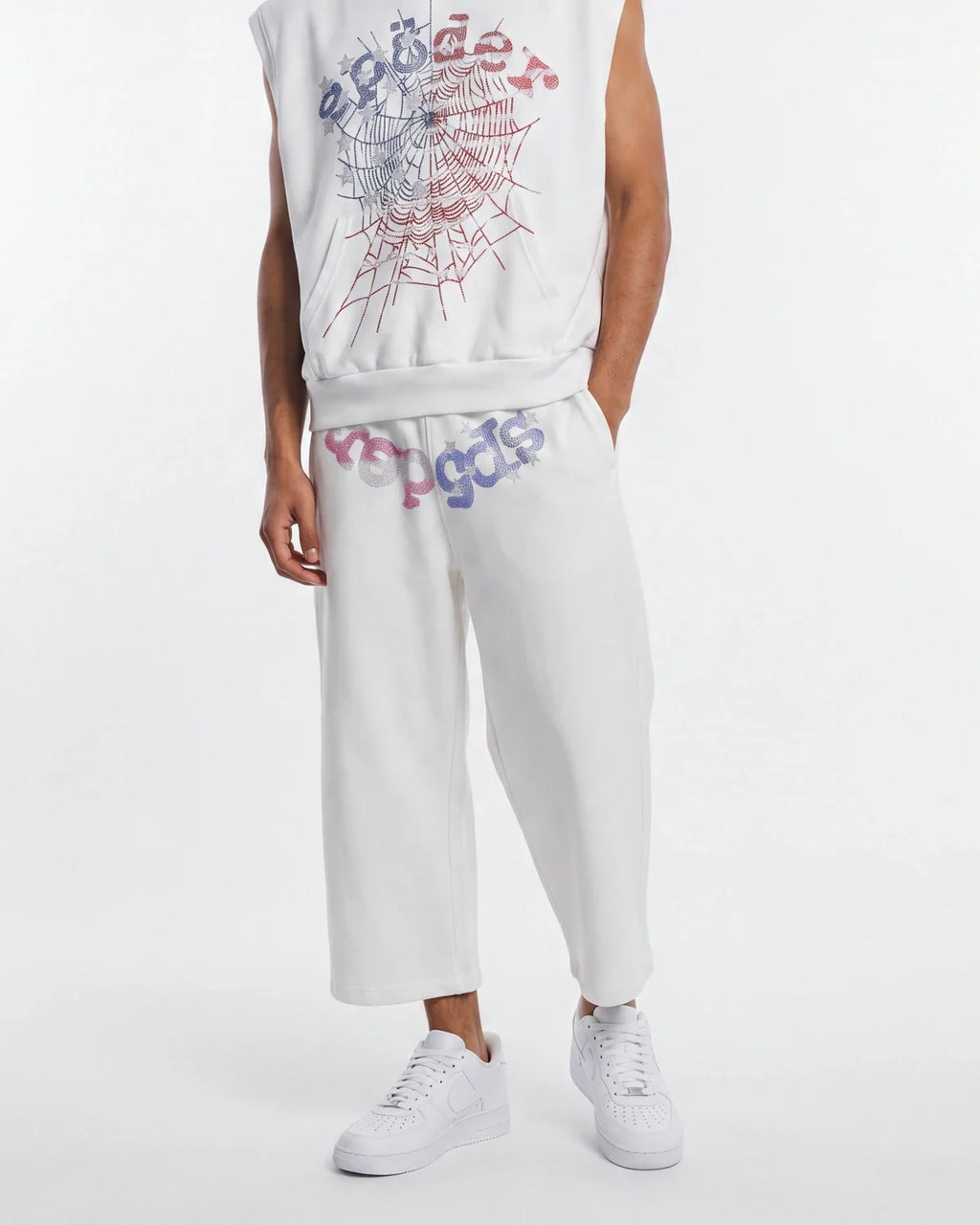 Sp5der Rhinestone OG Web Long Shorts White