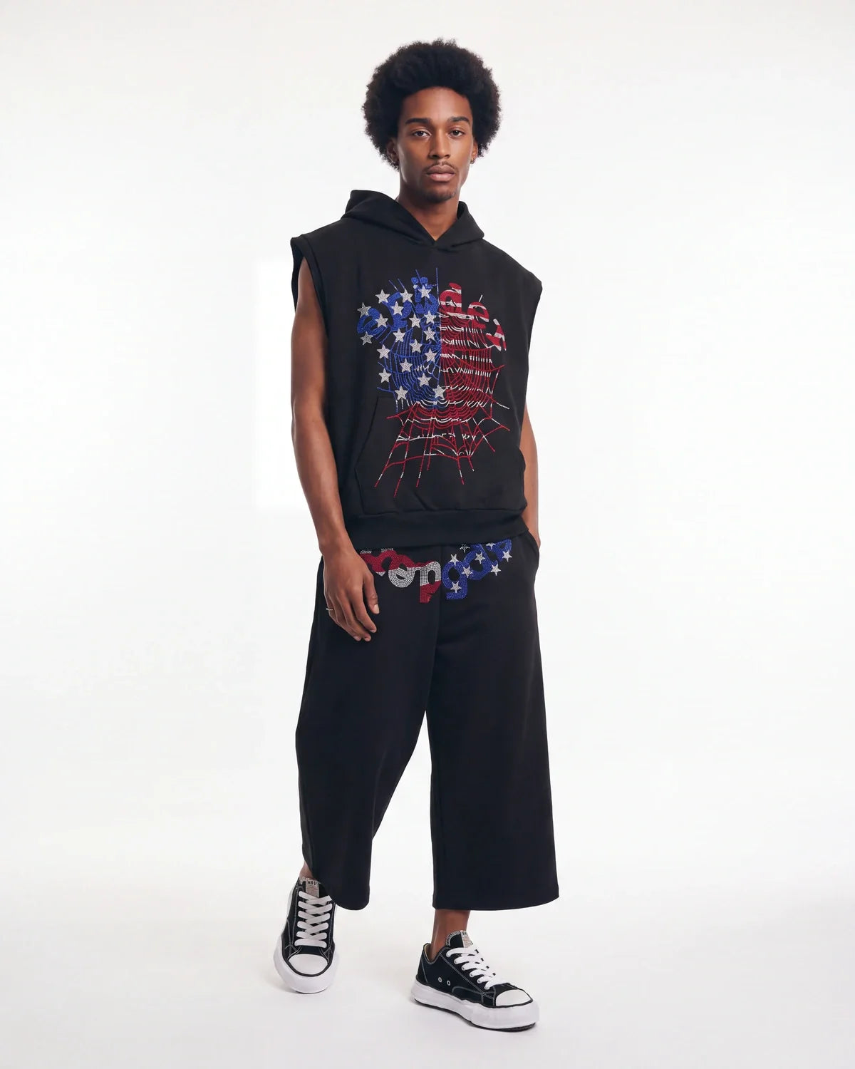 Sp5der Rhinestone OG Web Long Shorts Onyx