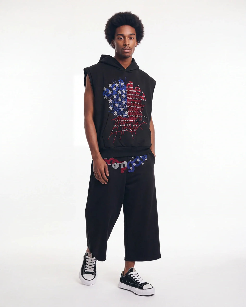 Sp5der Rhinestone OG Web Sleeveless Hoodie Onyx