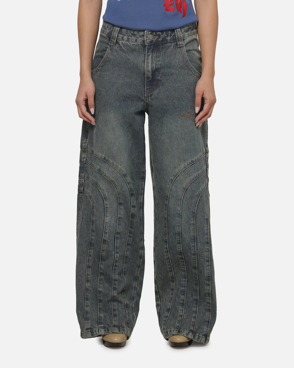 Women's Panelled Ultra Baggy Jeans Mid Blue