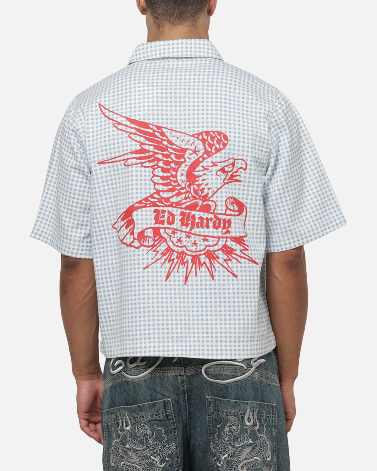 Ed Hardy Eagle Button Up Shirt Blue Pinstripe