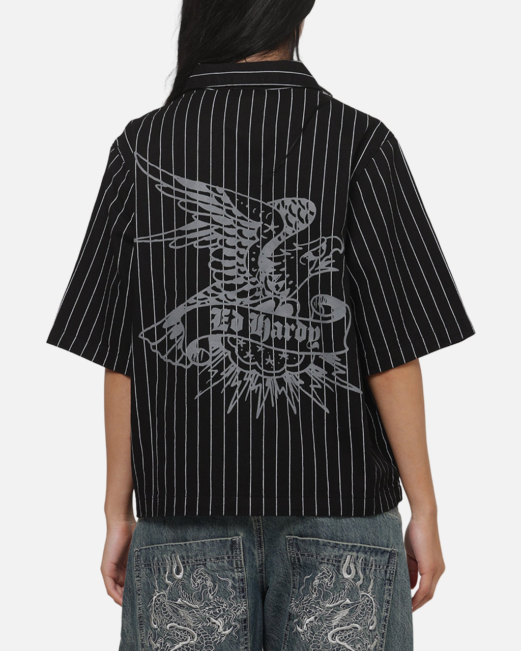 Ed Hardy Eagle Button Up Shirt Black Pinstripe