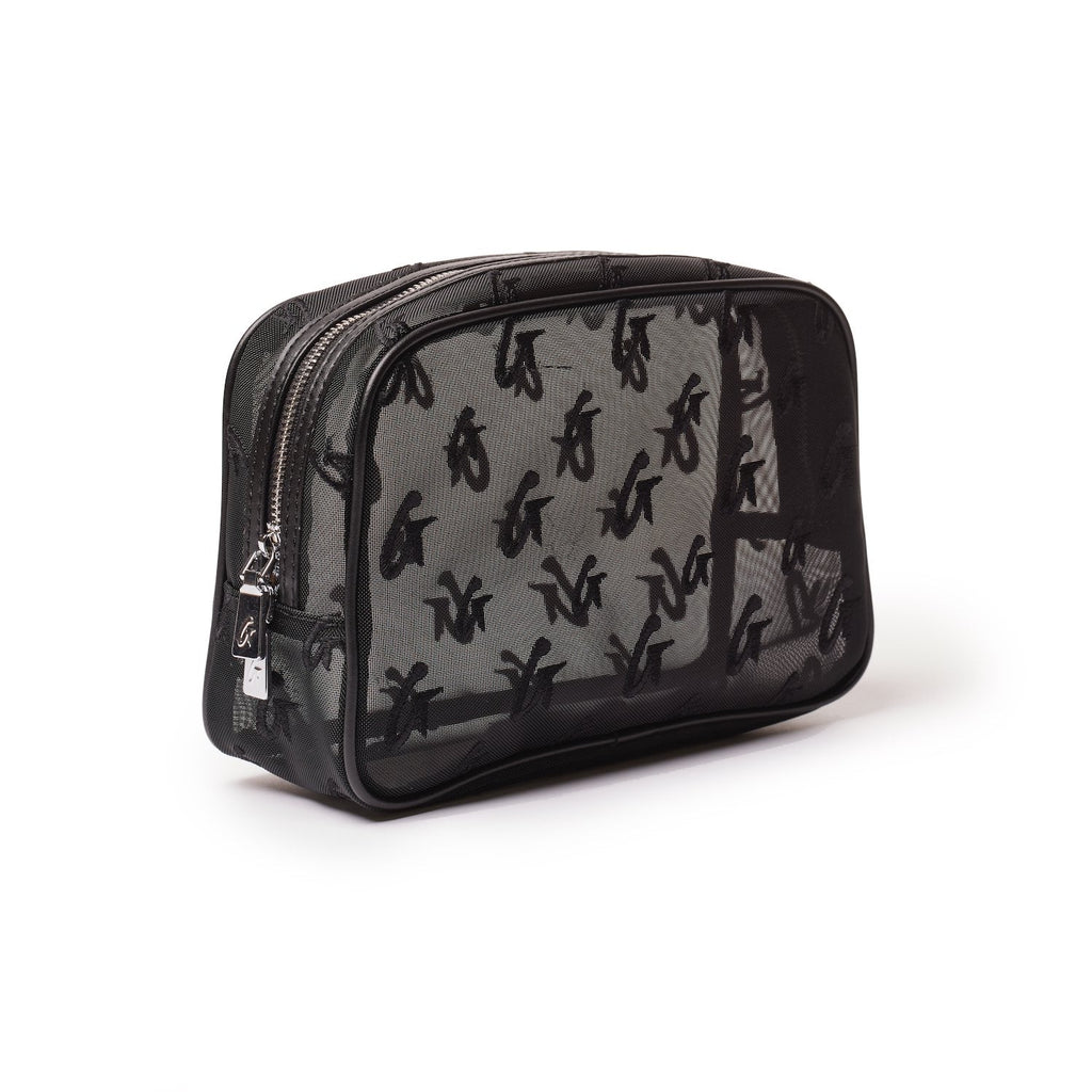 SMALL MESH MONOGRAM TOILETRY BAG - BLACK