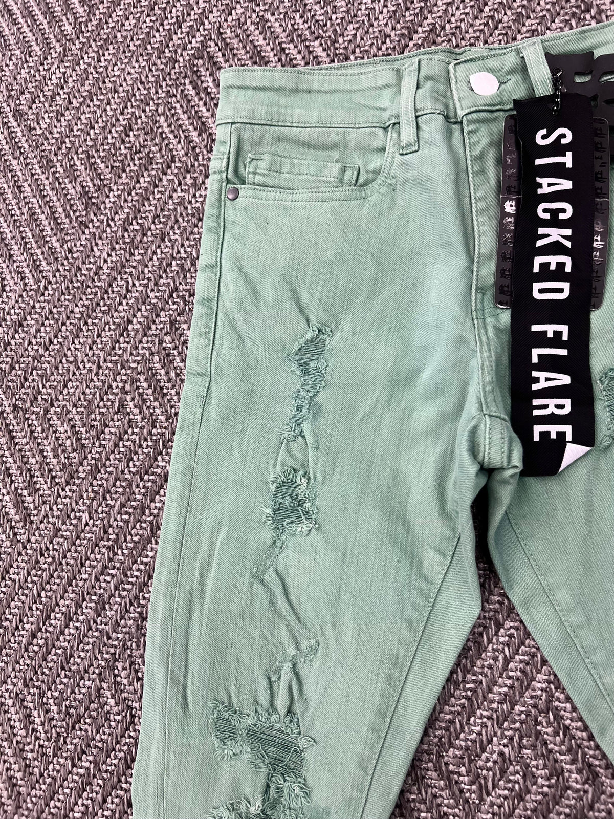 STYLO DENIM MINT GREEN STACKED FLARE JEANS