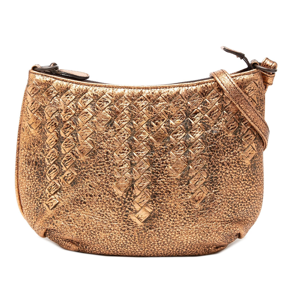 Bottega Veneta Intrecciato Trimmed Metallic Leather Crossbody Bag - Gold