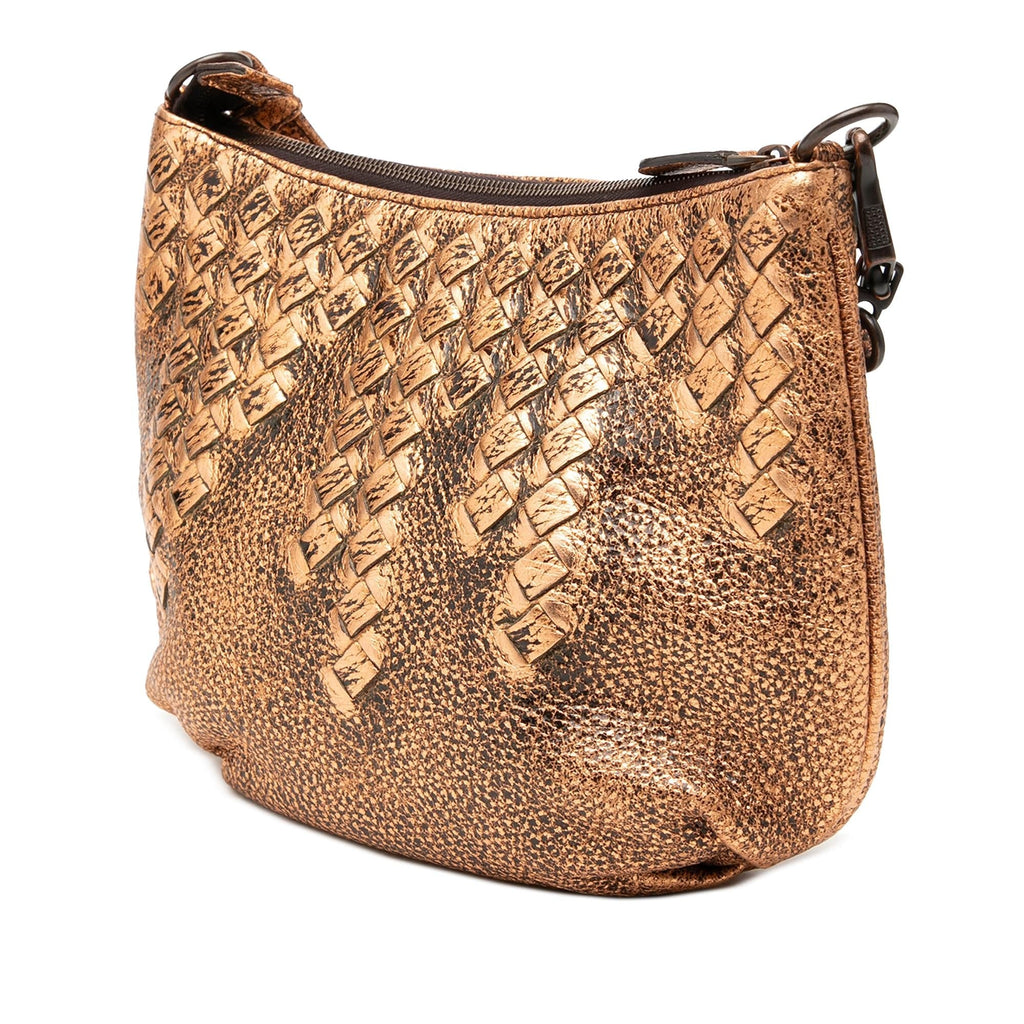 Bottega Veneta Intrecciato Trimmed Metallic Leather Crossbody Bag - Gold