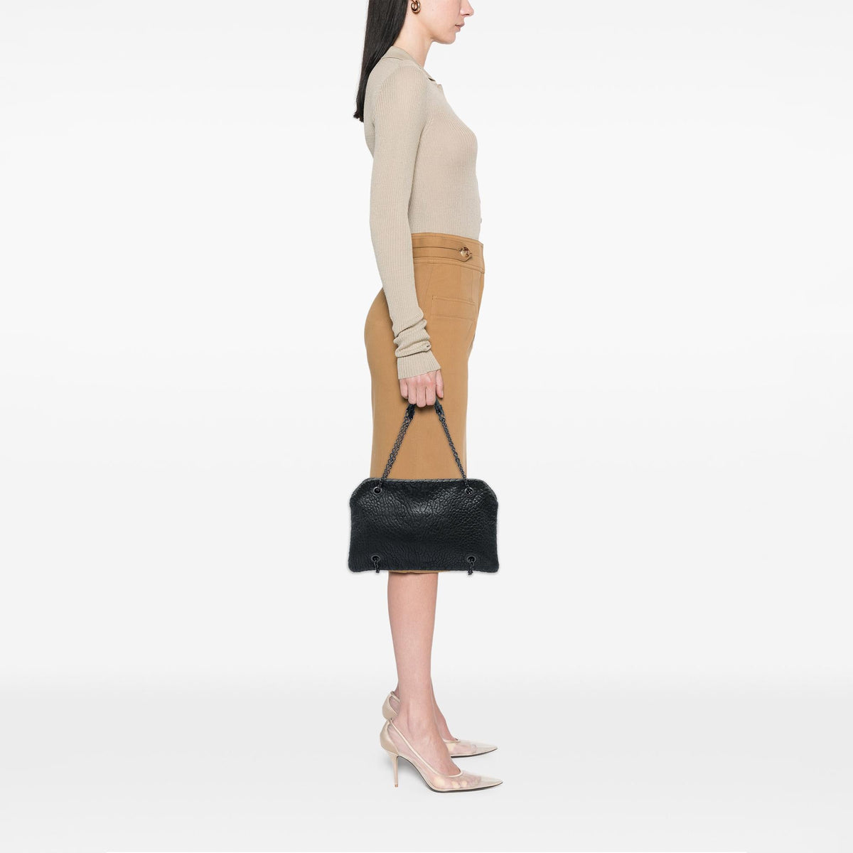 Bottega Veneta Textured Leather Whipstitch Duo Shoulder Bag - Black