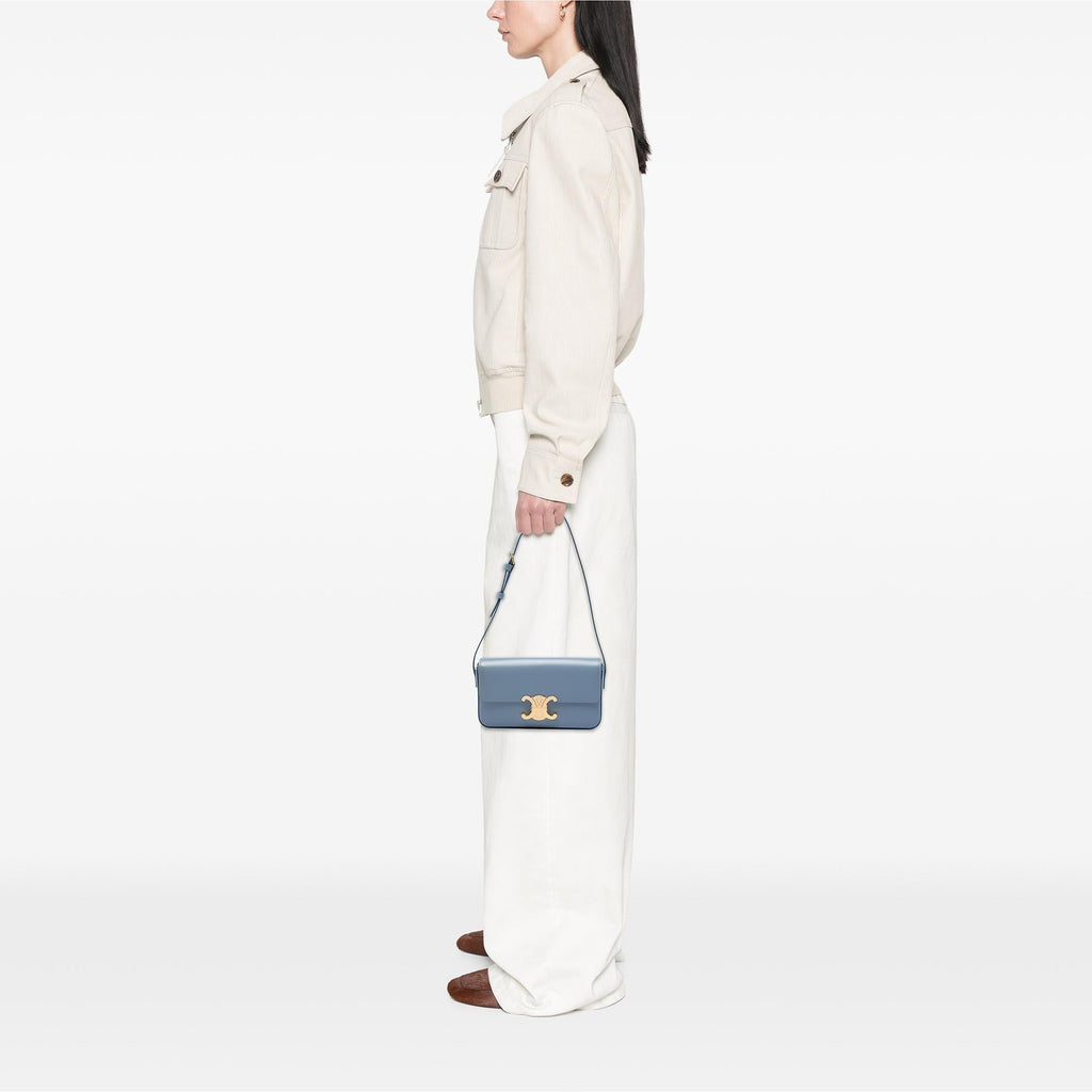 Celine Shiny Calfskin Triomphe Claude Shoulder Bag - Blue