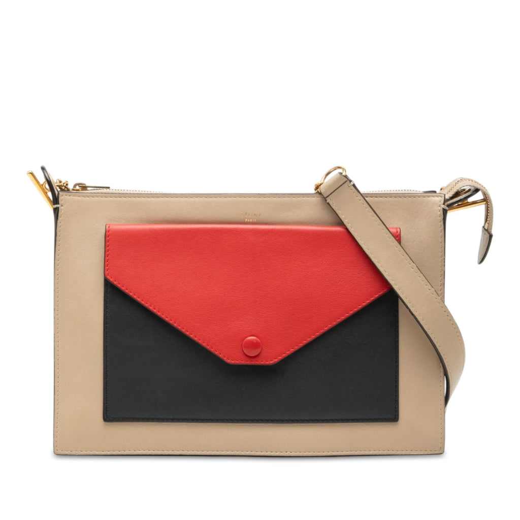 Celine Tricolor Leather Pocket Envelope Zip Crossbody Bag - Beige