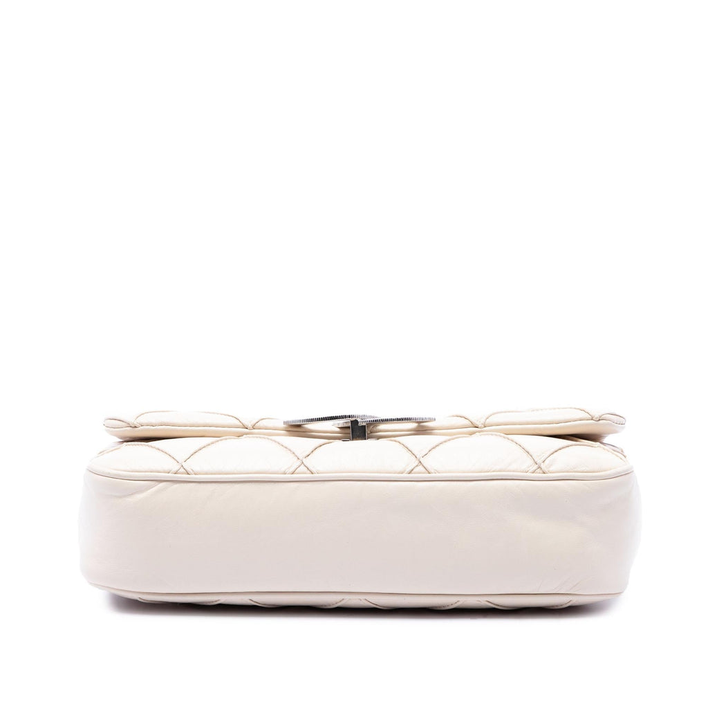 Chanel CC Double Stitch Lambskin Single Flap Shoulder Bag - White