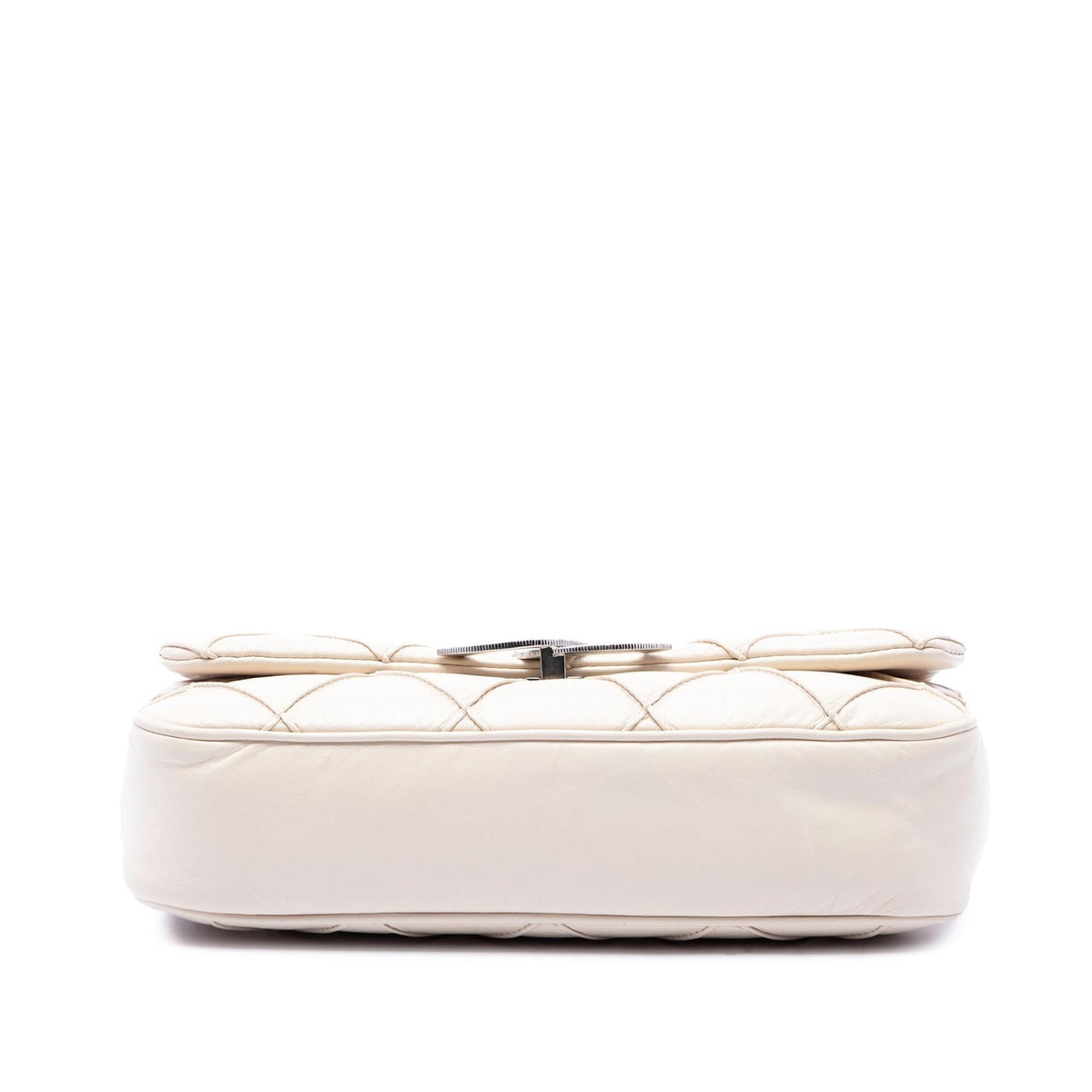 Chanel CC Double Stitch Lambskin Single Flap Shoulder Bag - White