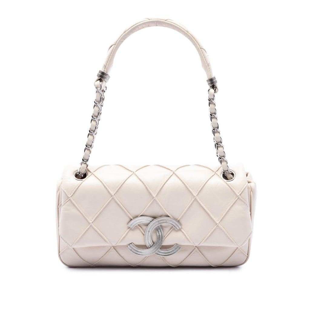 Chanel CC Double Stitch Lambskin Single Flap Shoulder Bag - White