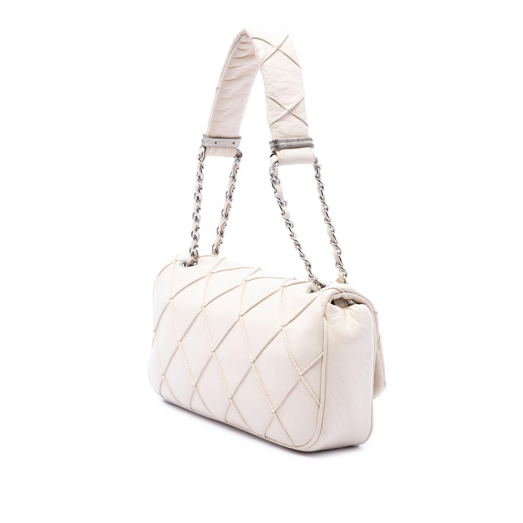 Chanel CC Double Stitch Lambskin Single Flap Shoulder Bag - White