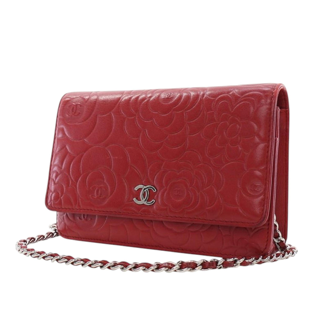 Chanel CC Embossed Lambskin Camellia Wallet on Chain - Red