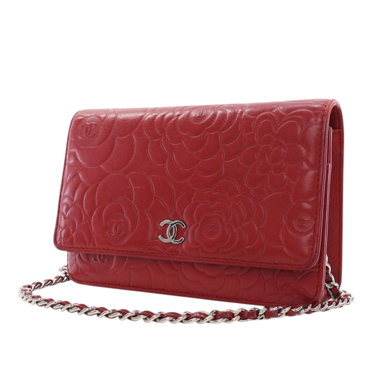Chanel CC Embossed Lambskin Camellia Wallet on Chain - Red