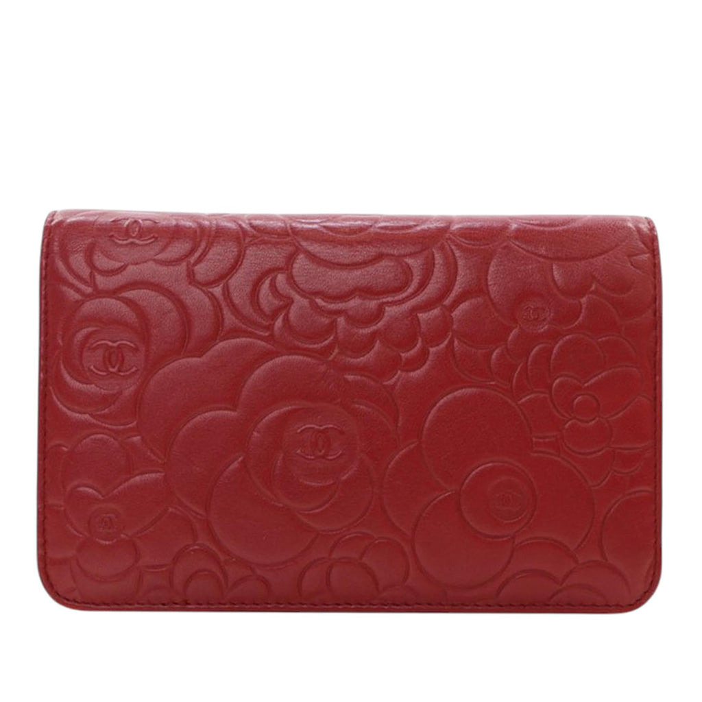 Chanel CC Embossed Lambskin Camellia Wallet on Chain - Red