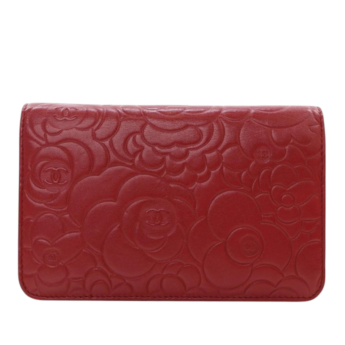 Chanel CC Embossed Lambskin Camellia Wallet on Chain - Red