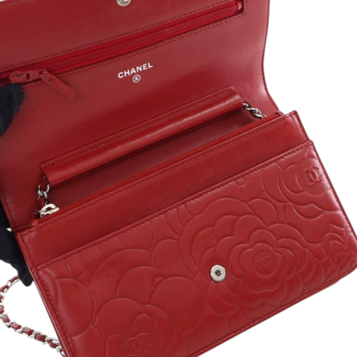 Chanel CC Embossed Lambskin Camellia Wallet on Chain - Red