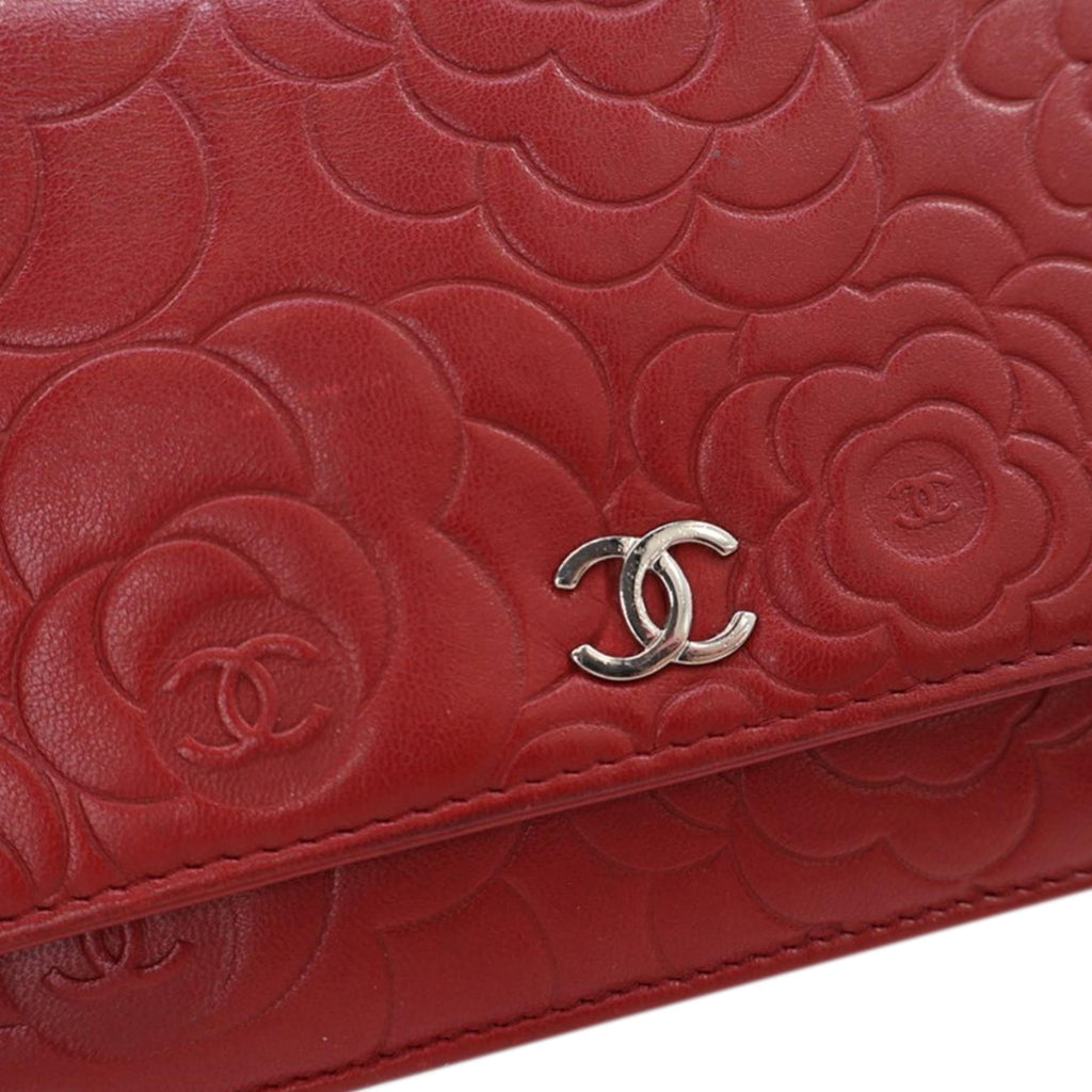 Chanel CC Embossed Lambskin Camellia Wallet on Chain - Red