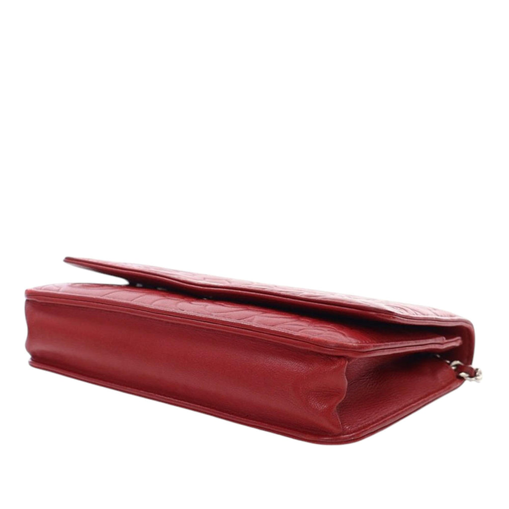 Chanel CC Embossed Lambskin Camellia Wallet on Chain - Red
